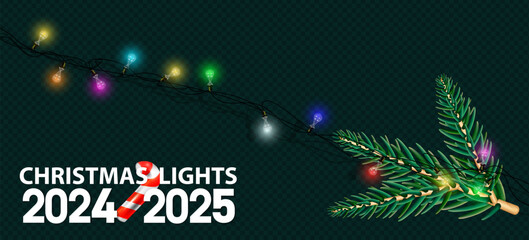 2025 Christmas lights isolated on checkered vector background. Set of Christmas glowing garlands. For advertising invitations, web banners, postcards. Vector