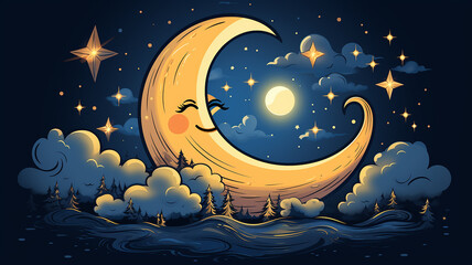 cartoon crescent moon on a blue sky background, art character, good night children