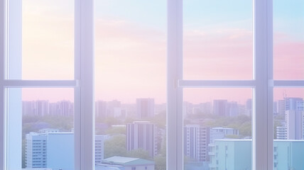 Fototapeta na wymiar view from plastic windows in the city, soft color pastel background, modern city windows of an apartment building