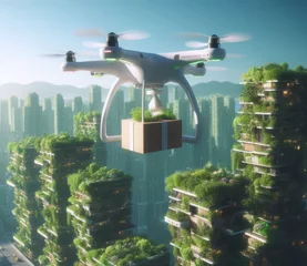 Fotobehang Drone Delivering Mail, Drone Delivery, Package Delivery by Drone in a Futuristic Green City Concept © FutureStock Studio