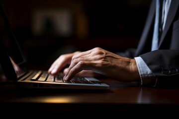 Tech-savvy Male typing laptop keyboard. Work office. Generate Ai