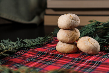 lemon crinkle cookies on red plaid christmas and new year textile napkin with green pine tree branches decoration, books on background, cozy winter holidays concept