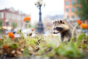 raccoon foraging in a flowerbed in a public square
