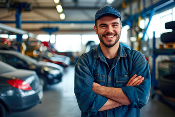 Obraz premium Smiling Mechanic Taking a Pause in Well-Lit Automotive Workshop