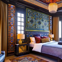 A Moroccan-inspired bedroom with intricate patterns and mosaic details2