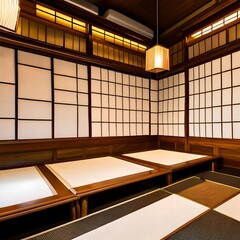 A Japanese tea room with tatami mats and paper lanterns3