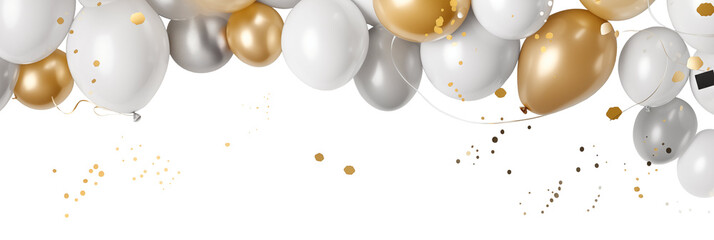Silver white and gold balloons isolated on white banner