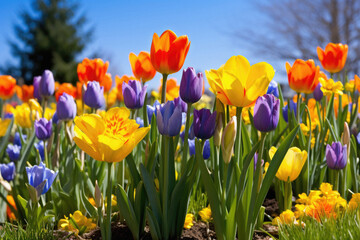 Colorful tulips and crocus flowers blooming in the garden.