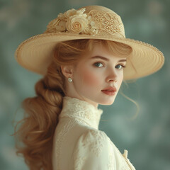 Portrait of beautiful young woman in vintage dress and hat of 19 century stylie - 705668715