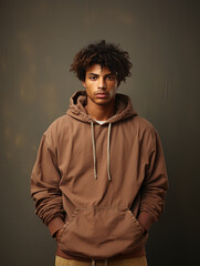 Vertical portrait of young man african american or latino man wearing brown hoodie and dark background with copy space.  Hoodie mockup. Clothing template.