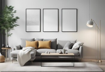 Modern scandinavian interior living room Three picture frame Empty wall mockup in white room