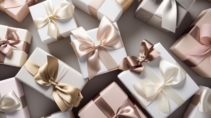 Obraz na płótnie Canvas Elegant gift boxes with satin ribbons in pastel colors, top view. Perfect for occasions like weddings, birthdays, and anniversaries.
