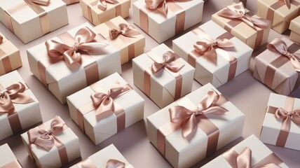 Elegant gift boxes with pink ribbons on a pastel background, concept for holidays and celebrations.