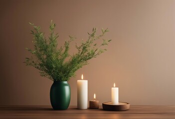 Traditional interior wall mockup with green twigs in vase and candle standing on light brown wooden