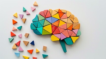 Colorful wooden geometric puzzle brain model. Neurodiversity concept.