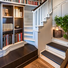 A cozy reading nook tucked under a staircase with built-in bookshelves2 - obrazy, fototapety, plakaty