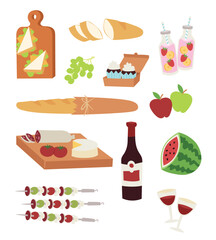 Picnic food assortment set. Wine, fruits, cheese plate, baguette, skewers. Vector illustration of summer outdoor eating.