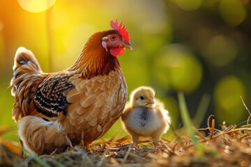 A chicken with her cub, mother loves and cares in everyday life