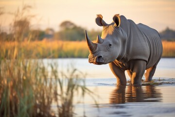 rhino at waters edge in golden evening light