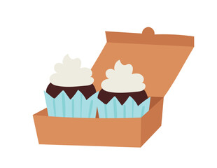 Two cupcakes with white frosting in a brown box. Sweet bakery items for dessert, simple cartoon style vector illustration.
