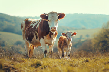 Fototapeta na wymiar A cow with her cub, mother loves and cares in everyday life