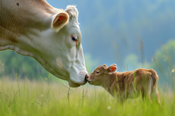 A cow with her cub, mother loves and cares in everyday life - obrazy, fototapety, plakaty