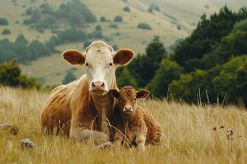 A cow with her cub, mother loves and cares in everyday life - Powered by Adobe