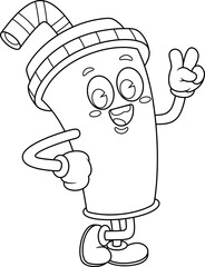 Outlined Cute Soft Drink Retro Cartoon Character Gesturing A Peace Sign. Vector Hand Drawn Illustration Isolated On Transparent Background