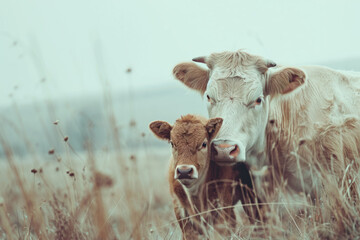 A cow with her cub, mother loves and cares in everyday life