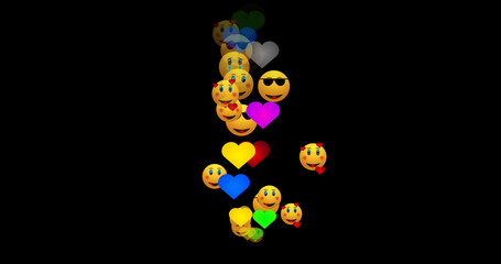 Illustration of live reactions of hearts and emoji icons in an alpha channel. Social media live reactions for Facebook, Instagram, and Twitter. Live-style animated icon for live-stream chat.