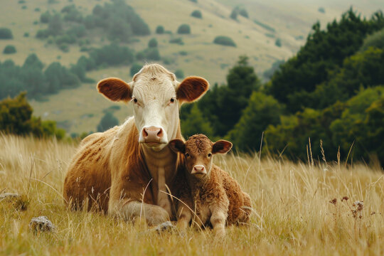 A cow with her cub, mother loves and cares in everyday life