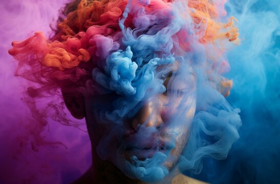 Ephemeral man colorful smoke. Person vaping vaper. Generate Ai