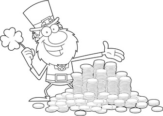 Outlined Smiling Leprechaun Cartoon Character With Shamrock And Pile Of Gold Coins. Vector Hand Drawn Illustration Isolated On Transparent Background