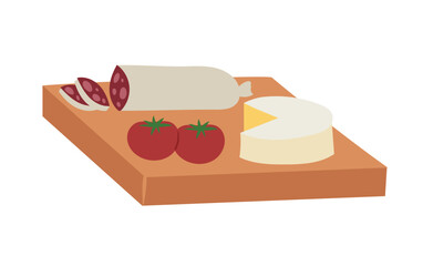 Cheese, salami, and tomatoes on cutting board. Flat design of appetizer platter. Gourmet snacks vector illustration.