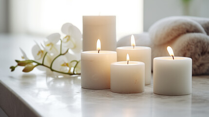 Fototapeta na wymiar A serene setting with lit white candles and a delicate orchid branch, creating a peaceful and inviting atmosphere