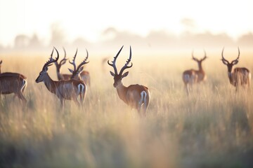 sable antelope herd grazing in wild plains at sunrise - obrazy, fototapety, plakaty