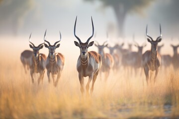 sable antelope herd moving through misty morning - obrazy, fototapety, plakaty