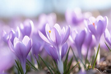 Beautiful crocus flowers in early spring, close-up.