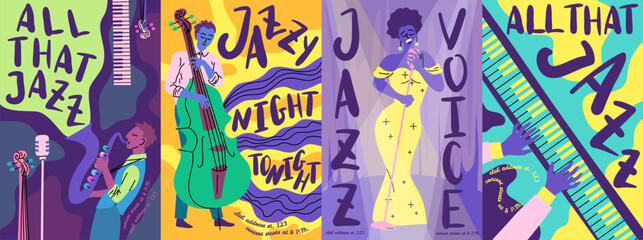 Cartoon Color Jazz Music Festival Poster Card Set Concept Flat Design Style. Vector illustration of Musicians and Musical Instruments