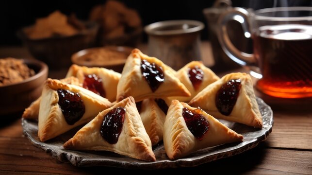 hamantaschen Jewish cookies and tea on the wood table, traditional Israeli dish