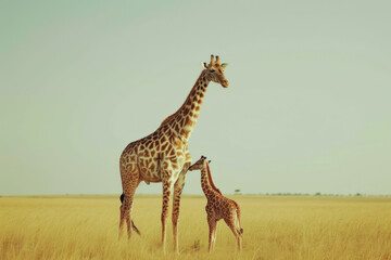 A giraffe with her cub, mother love and care in wildlife scene