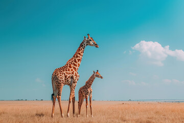 Obraz premium A giraffe with her cub, mother love and care in wildlife scene