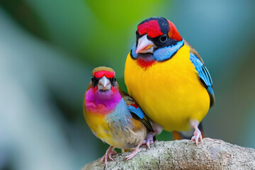 Obraz premium A Gouldian Finch with her cub, mother love and care in wildlife scene
