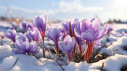 Foto op Plexiglas Beautiful blue crocus flowers on white snow. The first snowdrops bloom in spring. Close-up. Top view. Background. Landscape. Banner, postcard for Easter © Irina