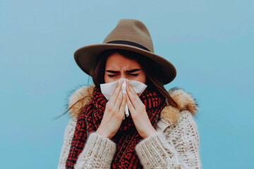 Cold Season Chic: Woman in Hat and Scarf Blowing Nose - obrazy, fototapety, plakaty