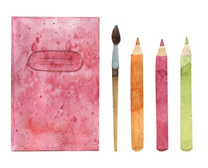 Stationery set for school or office, watercolor illustration, pencil set, notebook with brush