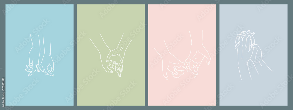 Canvas Prints One Line Drawn Holding Hands Poster Card Set Saint Valentine Day Concept. Vector illustration of Hold on with Little Fingers