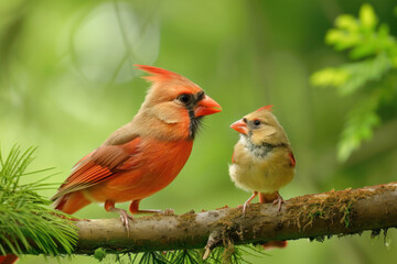 A Northern Cardinal with her cub, mother love and care in wildlife scene
