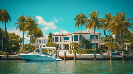 Fototapeta na wymiar Picture of luxury mansion homes along inner coastal waterway river in Florida. Tropical vacation and summer home.