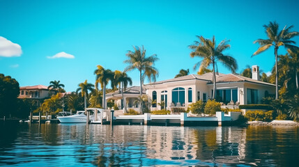 Fototapeta na wymiar Picture of luxury mansion homes along inner coastal waterway river in Florida. Tropical vacation and summer home.